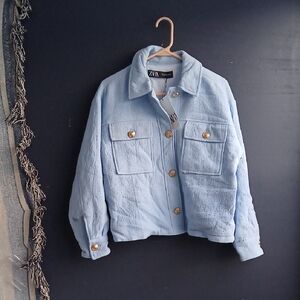Zara Sky Blue Jacket with Gold Accents Lined Cropped Size Small